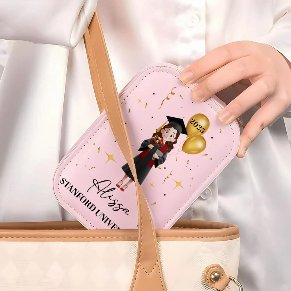 Personalized Cartoon Graduate Girl Makeup Box, Class of 2025 Gift for Her, Custom LED Mirror Travel Makeup Organizer, Leather Cosmetic & Jewelry Case, Birthday, Christmas, Gift for Women