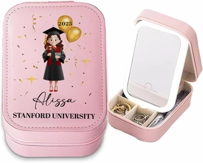 Personalized Cartoon Graduate Girl Makeup Box, Class of 2025 Gift for Her, Custom LED Mirror Travel Makeup Organizer, Leather Cosmetic & Jewelry Case, Birthday, Christmas, Gift for Women