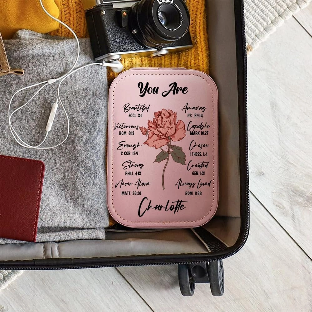 Personalized Christian Birth Flower Travel Makeup Bag With LED Mirror Leather, Custom Name Makeup Organizer Portable Jewelry Organizer Case Valentine's, Birthday, Christmas Gifts for Women