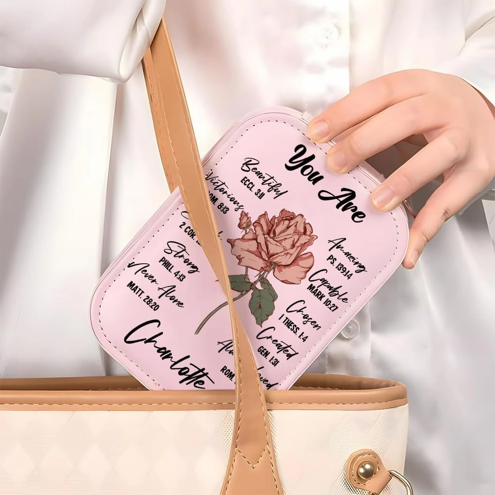 Personalized Christian Birth Flower Travel Makeup Bag With LED Mirror Leather, Custom Name Makeup Organizer Portable Jewelry Organizer Case Valentine's, Birthday, Christmas Gifts for Women