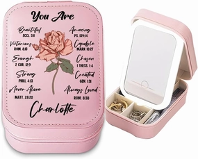 Personalized Christian Birth Flower Travel Makeup Bag With LED Mirror Leather, Custom Name Makeup Organizer Portable Jewelry Organizer Case Valentine's, Birthday, Christmas Gifts for Women