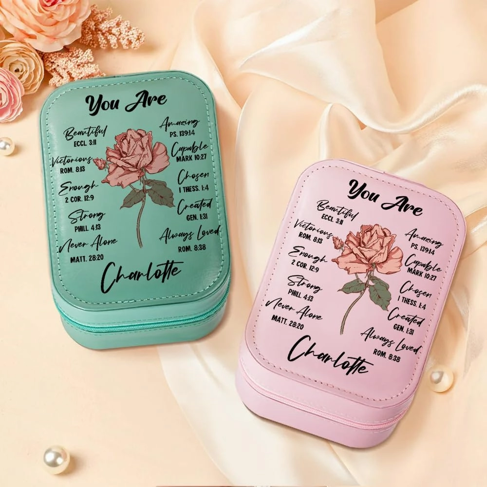 Personalized Christian Birth Flower Travel Makeup Bag With LED Mirror Leather, Custom Name Makeup Organizer Portable Jewelry Organizer Case Valentine's, Birthday, Christmas Gifts for Women