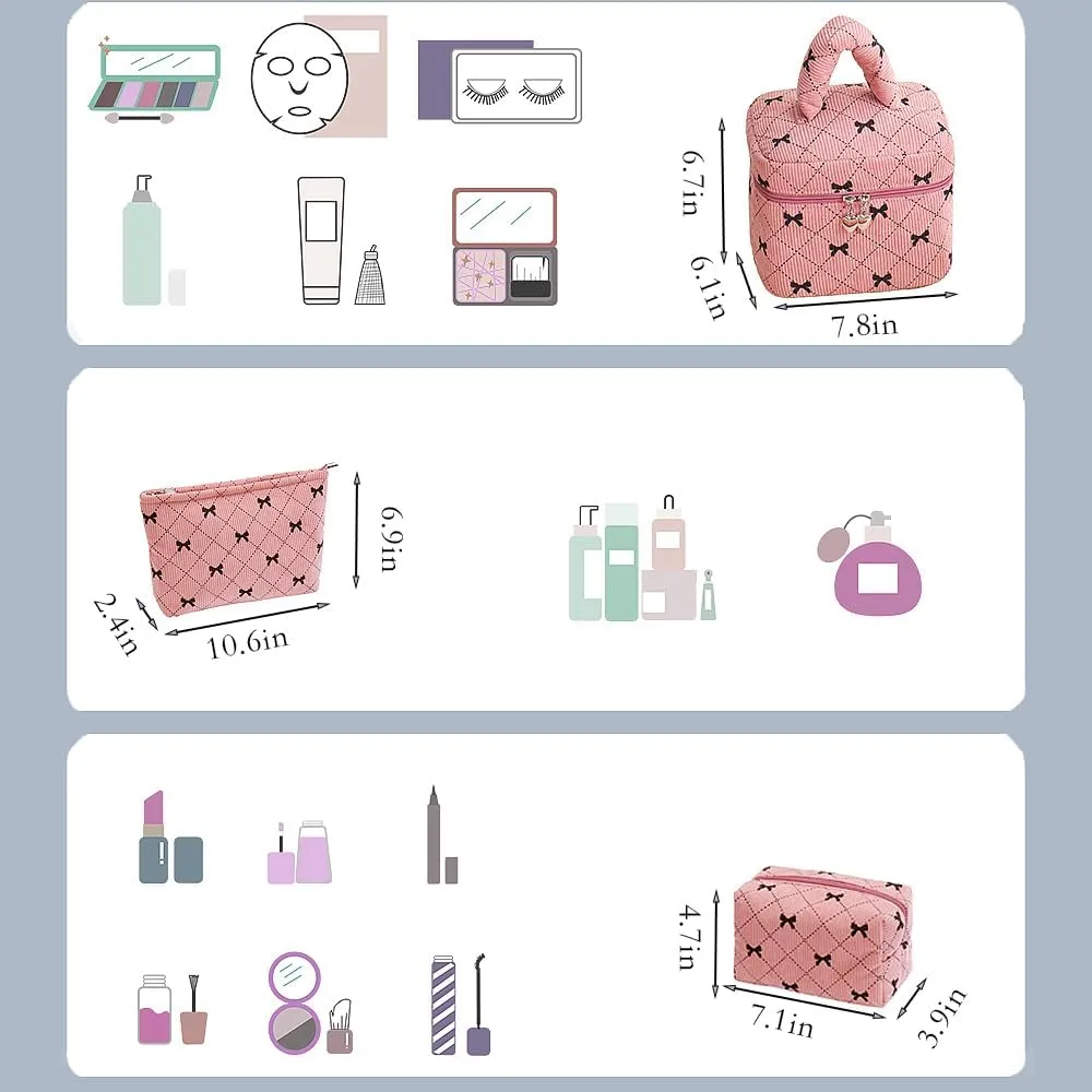Pink Bow Puffy Square Makeup Bag Set Corduroy Checkered Waffle Makeup Bag With Handle Pink Cute Quilted Travel Toiletry Bag For Women 3 Piece Of Large Midium Small
