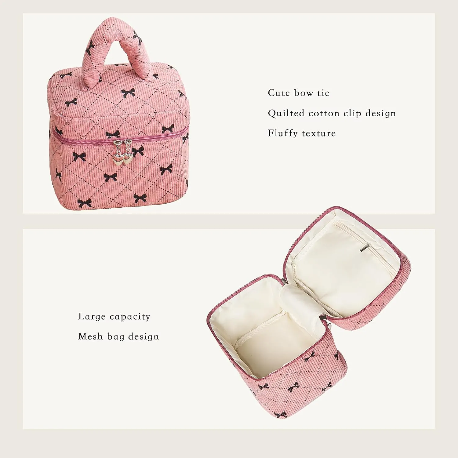 Pink Bow Puffy Square Makeup Bag Set Corduroy Checkered Waffle Makeup Bag With Handle Pink Cute Quilted Travel Toiletry Bag For Women 3 Piece Of Large Midium Small