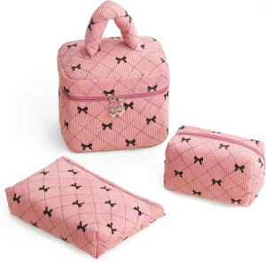 Pink Bow Puffy Square Makeup Bag Set Corduroy Checkered Waffle Makeup Bag With Handle Pink Cute Quilted Travel Toiletry Bag For Women 3 Piece Of Large Midium Small