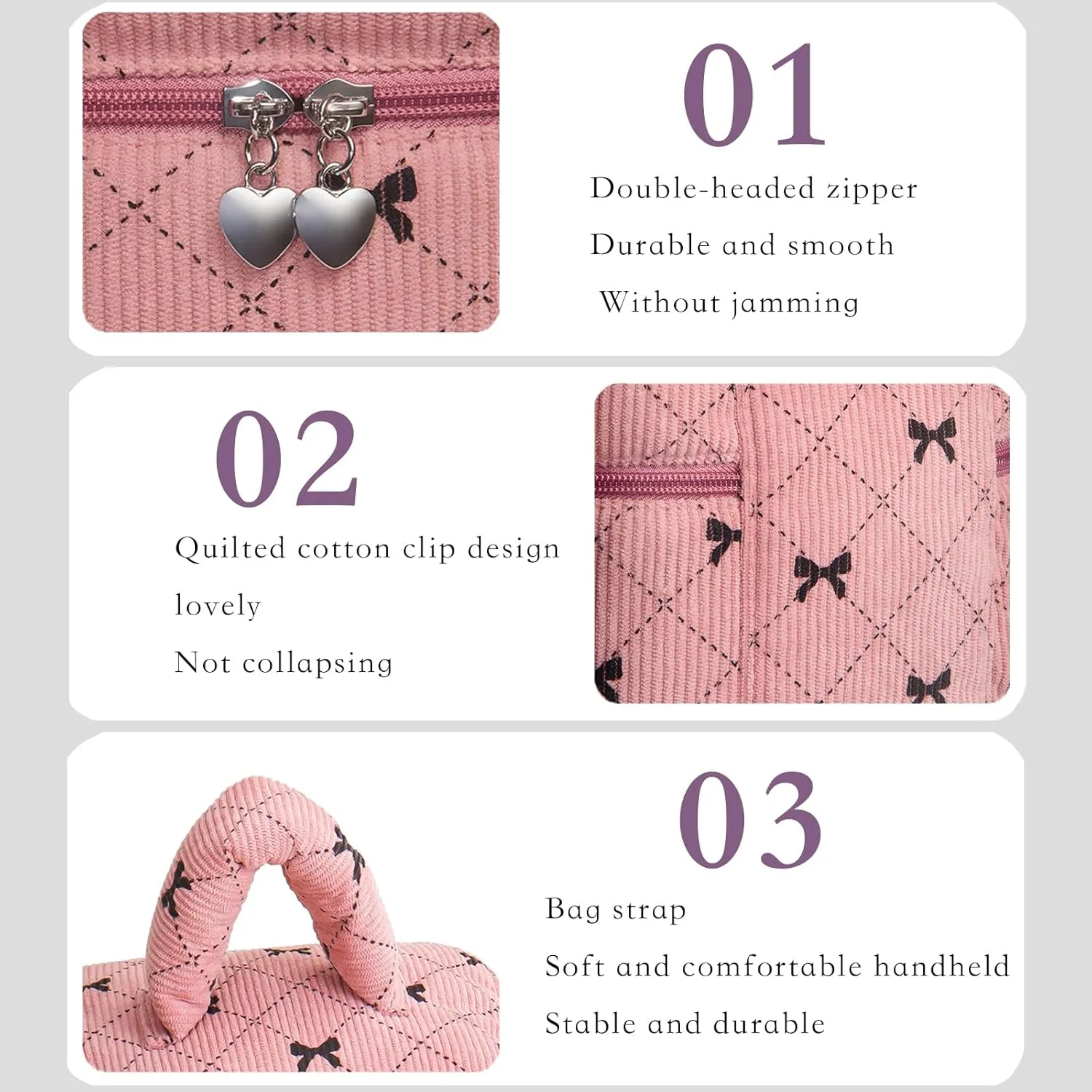 Pink Bow Puffy Square Makeup Bag Set Corduroy Checkered Waffle Makeup Bag With Handle Pink Cute Quilted Travel Toiletry Bag For Women 3 Piece Of Large Midium Small