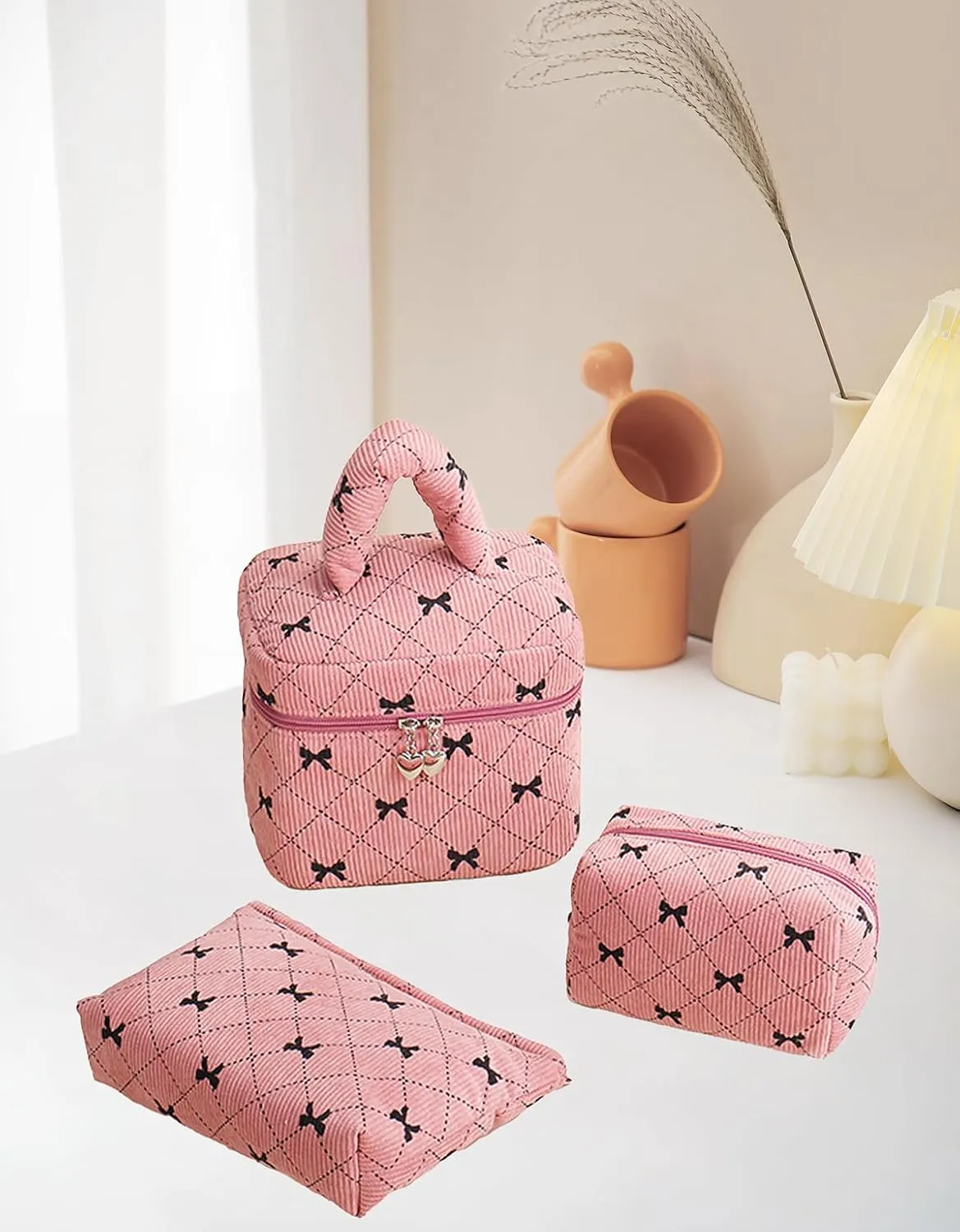 Pink Bow Puffy Square Makeup Bag Set Corduroy Checkered Waffle Makeup Bag With Handle Pink Cute Quilted Travel Toiletry Bag For Women 3 Piece Of Large Midium Small