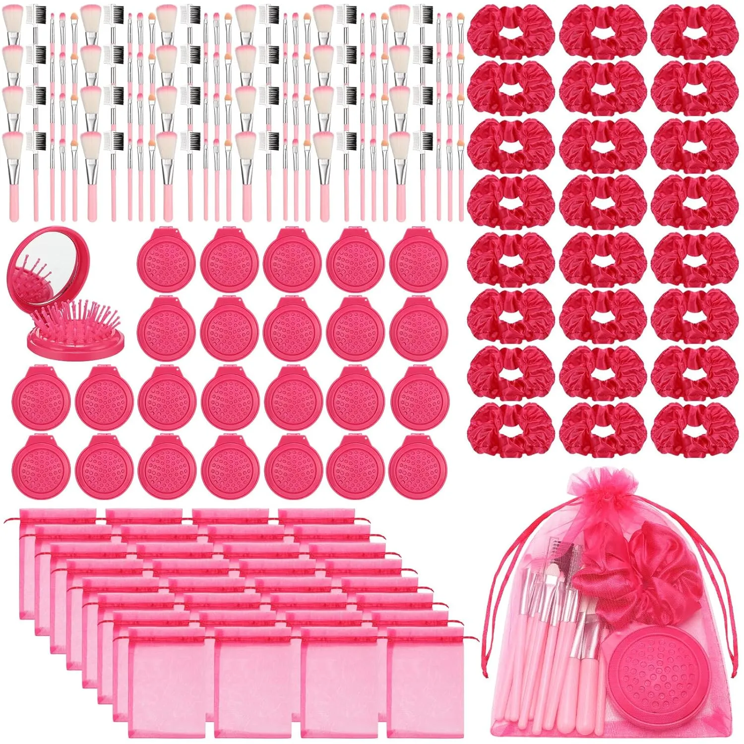 Pink Girl Party Favors Girl Makeup Party Favor Party Supplies Set Includes Pink Gauze Bags, Hair Scrunchies, Foldable Mirror Hair Brushes, Makeup Brushes Toys(96 Pcs)