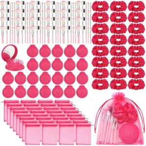 Pink Girl Party Favors Girl Makeup Party Favor Party Supplies Set Includes Pink Gauze Bags, Hair Scrunchies, Foldable Mirror Hair Brushes, Makeup Brushes Toys(96 Pcs)