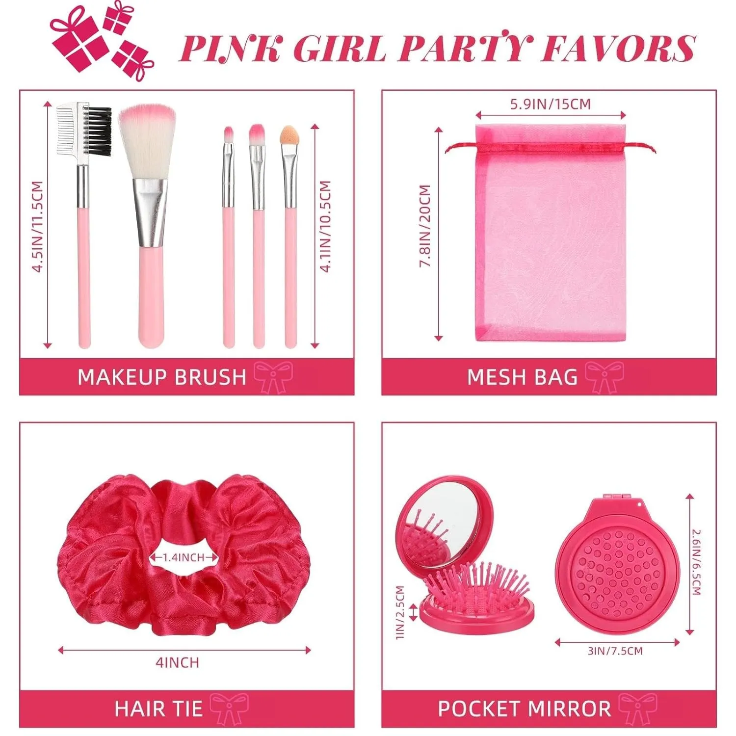 Pink Girl Party Favors Girl Makeup Party Favor Party Supplies Set Includes Pink Gauze Bags, Hair Scrunchies, Foldable Mirror Hair Brushes, Makeup Brushes Toys(96 Pcs)