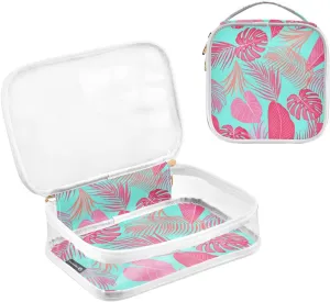 Pink Jungle Leaves on Bright Blue Clear Travel Bag 2 Pcs Small Toiletry Bag Carry On Pouch for Traveling