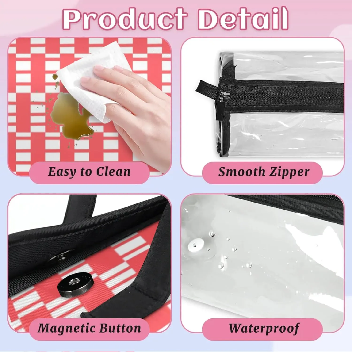 Pink Plaid Pattern Toiletry Bag Water Proof Travel Makeup Case Large Capacity 4 in 1 Foldable Cosmetics Storage for Women Men Removable Zipper Clear PVC Pockets