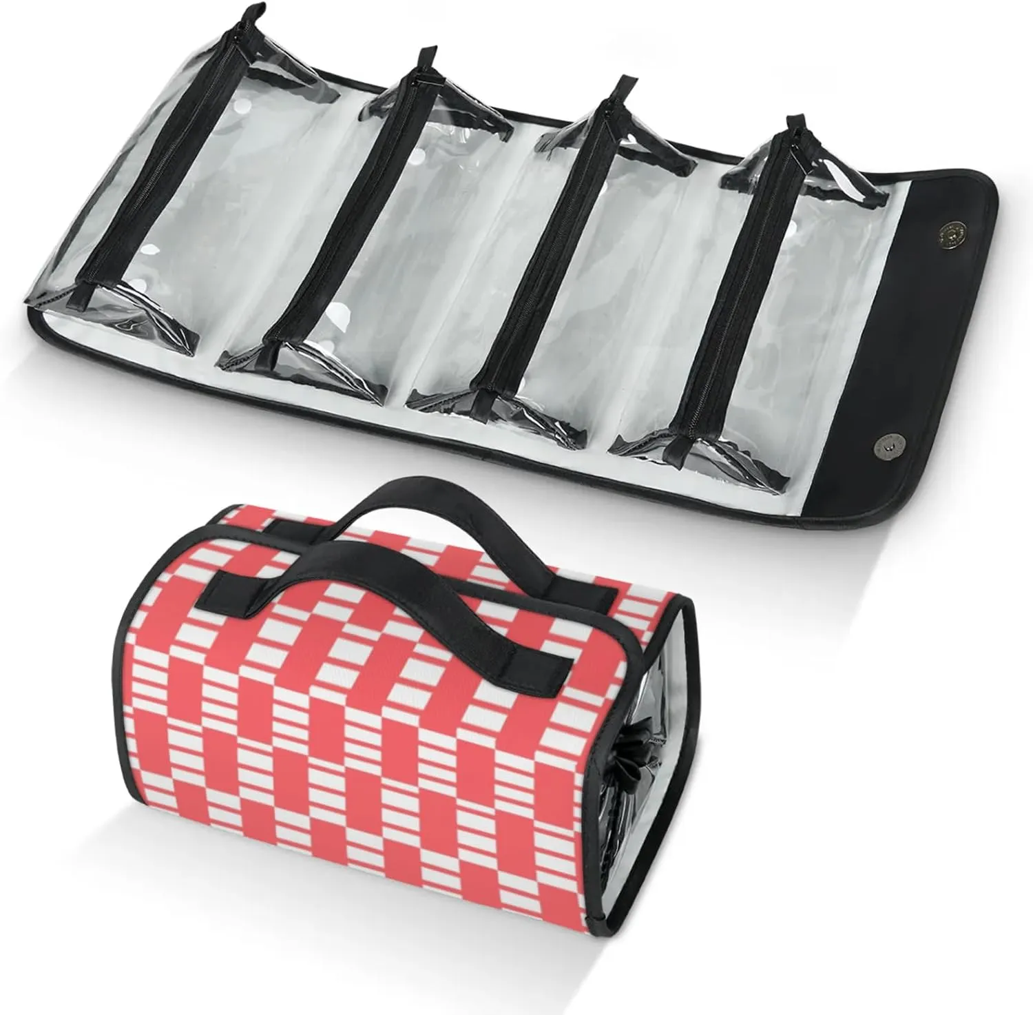 Pink Plaid Pattern Toiletry Bag Water Proof Travel Makeup Case Large Capacity 4 in 1 Foldable Cosmetics Storage for Women Men Removable Zipper Clear PVC Pockets