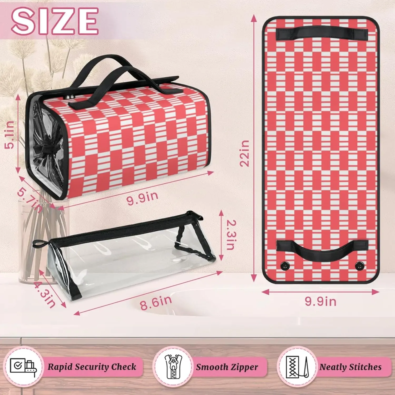 Pink Plaid Pattern Toiletry Bag Water Proof Travel Makeup Case Large Capacity 4 in 1 Foldable Cosmetics Storage for Women Men Removable Zipper Clear PVC Pockets