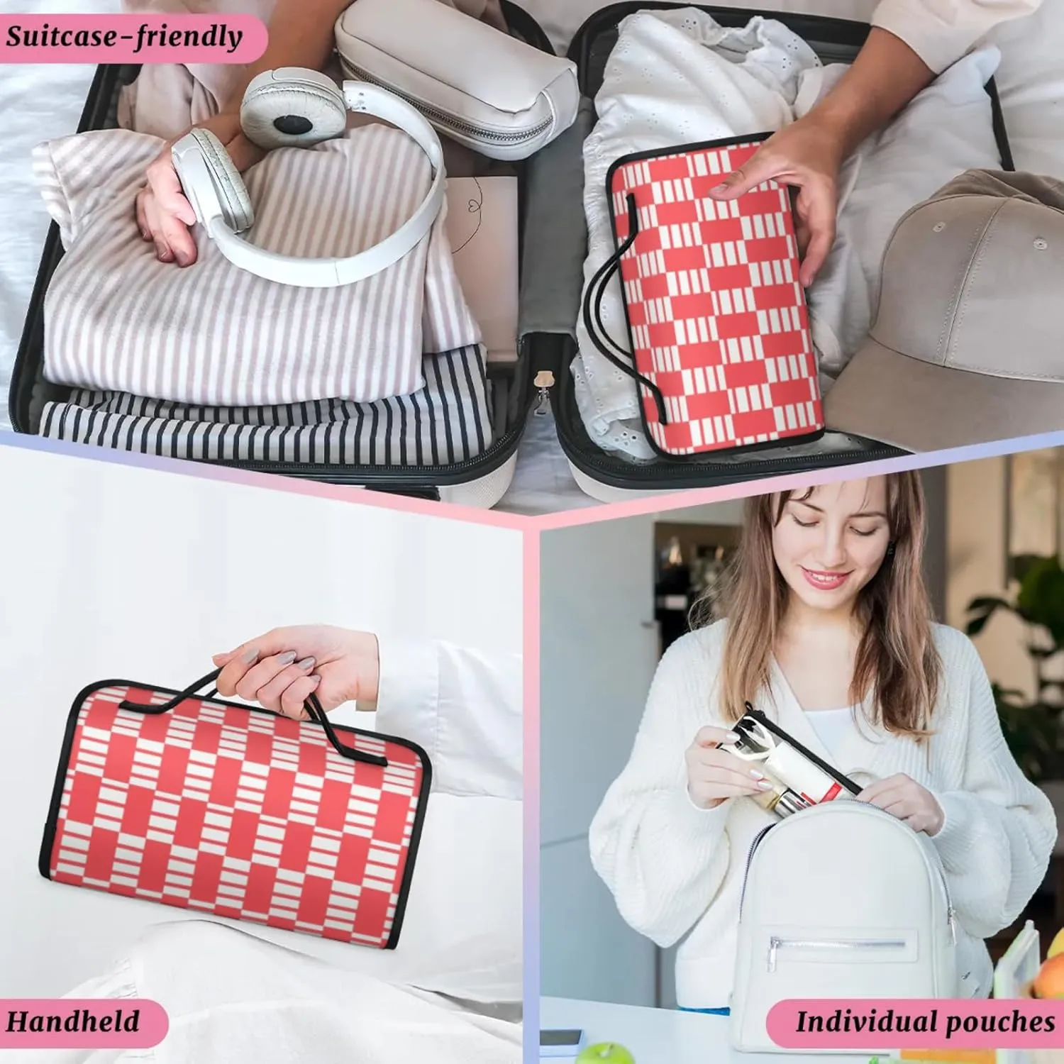 Pink Plaid Pattern Toiletry Bag Water Proof Travel Makeup Case Large Capacity 4 in 1 Foldable Cosmetics Storage for Women Men Removable Zipper Clear PVC Pockets