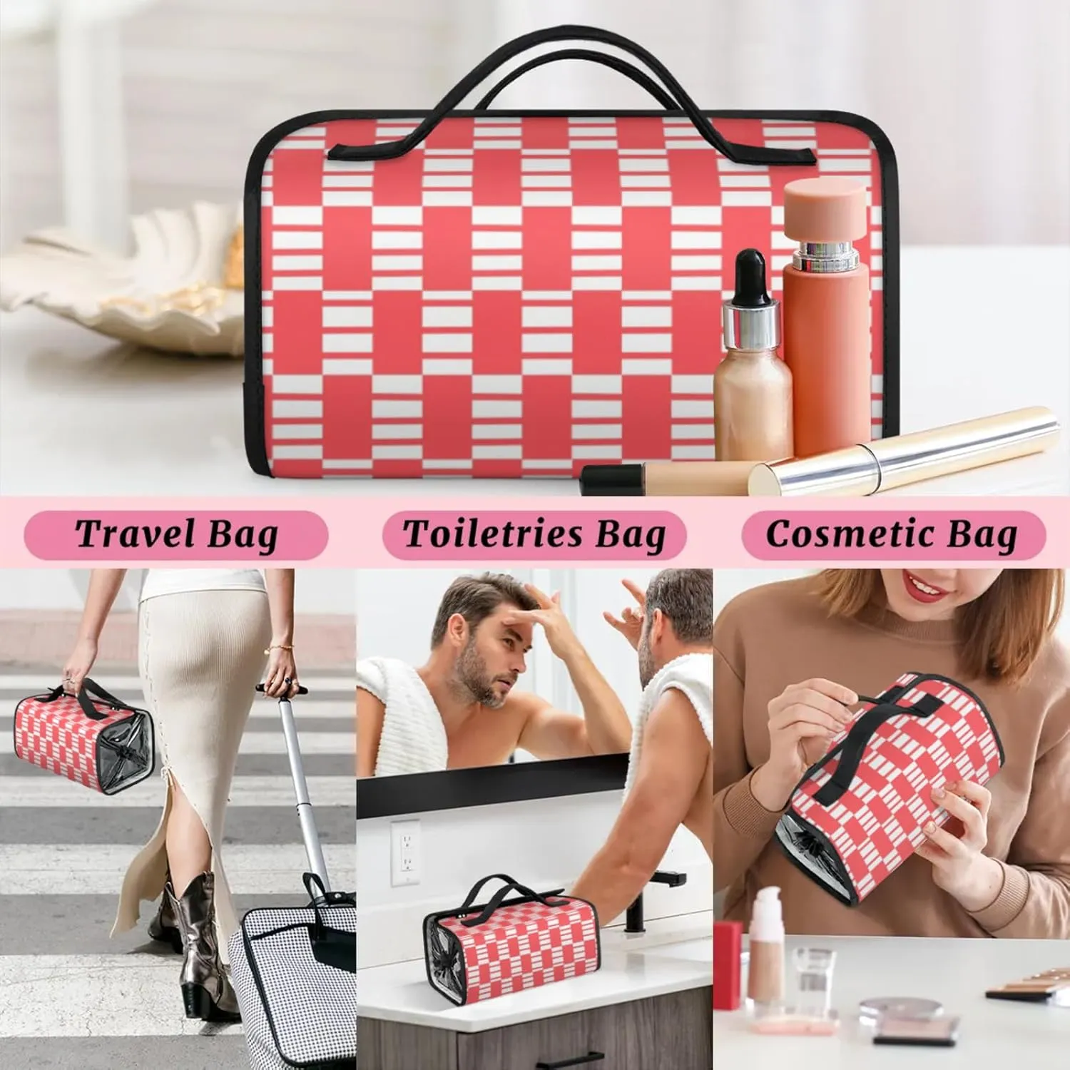 Pink Plaid Pattern Toiletry Bag Water Proof Travel Makeup Case Large Capacity 4 in 1 Foldable Cosmetics Storage for Women Men Removable Zipper Clear PVC Pockets