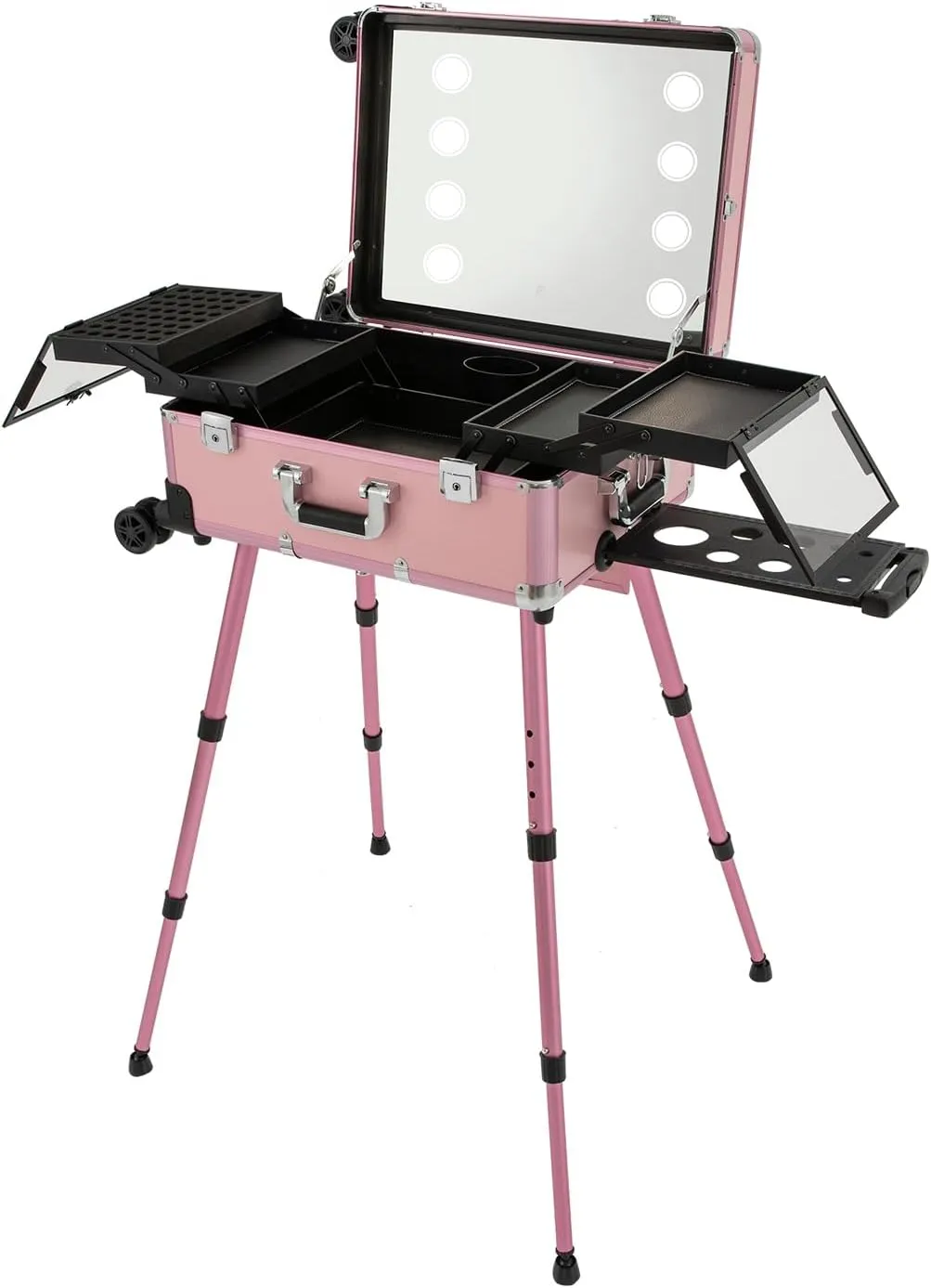 Portable Make-Up Case,Pro Make-Up Station with 4 Rolling Wheels & Lights & Mirror, Trolley Makeup Case with LED Light,Pro Traveling Makeup Tools Easy-to-Clean Extendable Trays, Adjustable Legs