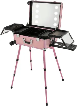 Portable Make-Up Case,Pro Make-Up Station with 4 Rolling Wheels & Lights & Mirror, Trolley Makeup Case with LED Light,Pro Traveling Makeup Tools Easy-to-Clean Extendable Trays, Adjustable Legs