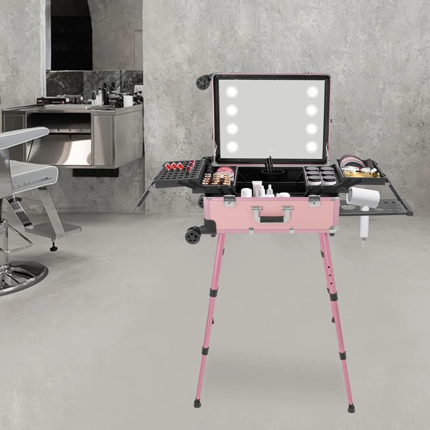 Portable Make-Up Case,Pro Make-Up Station with 4 Rolling Wheels & Lights & Mirror, Trolley Makeup Case with LED Light,Pro Traveling Makeup Tools Easy-to-Clean Extendable Trays, Adjustable Legs