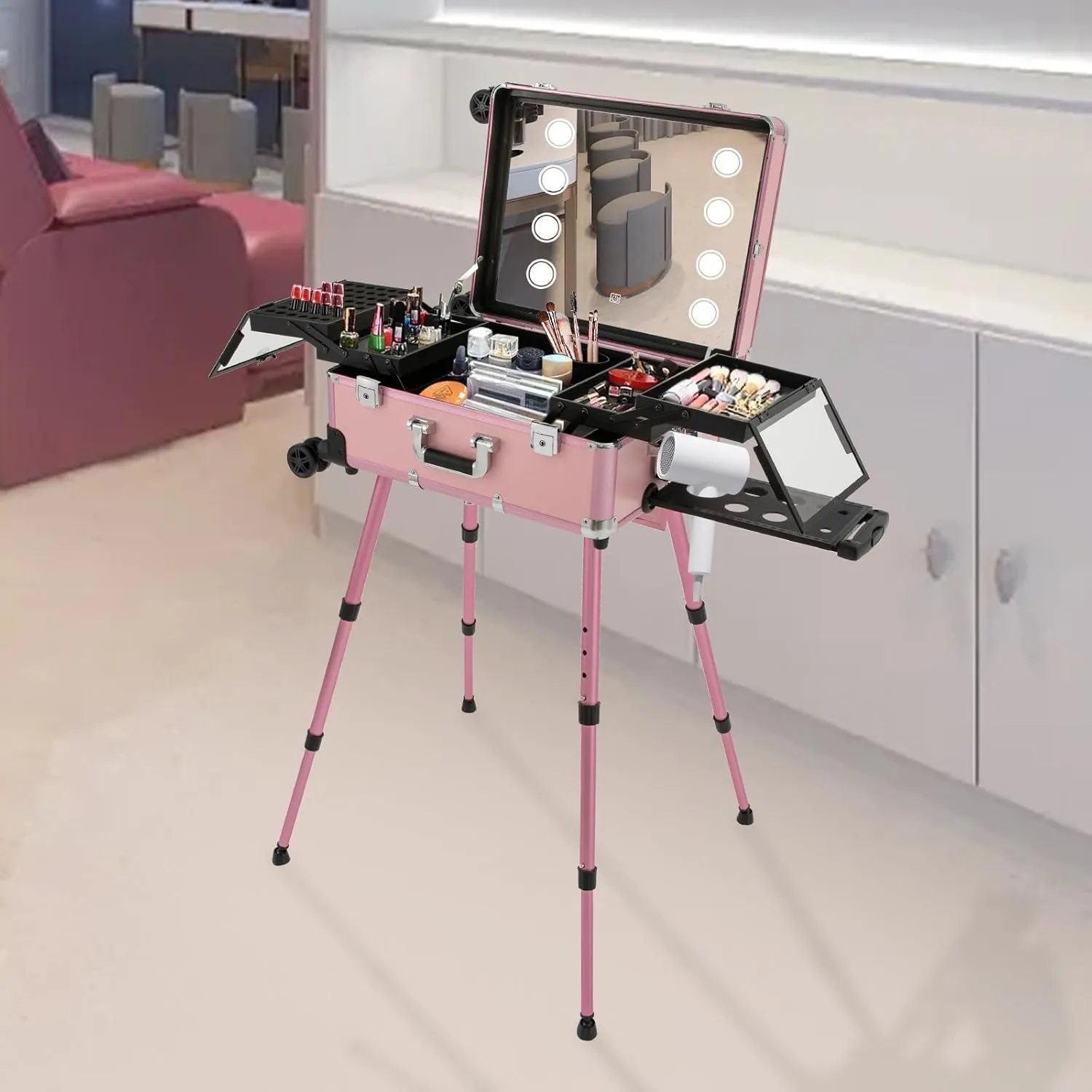 Portable Make-Up Case,Pro Make-Up Station with 4 Rolling Wheels & Lights & Mirror, Trolley Makeup Case with LED Light,Pro Traveling Makeup Tools Easy-to-Clean Extendable Trays, Adjustable Legs