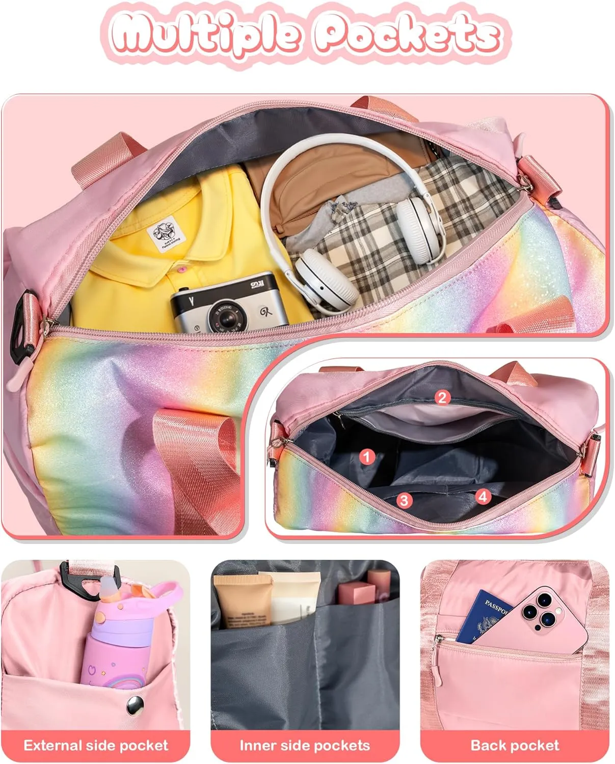 Preppy Gifts-Girl Gym Bag with Shoe Compartment, Kid Personalized Weekender Overnight Bags, Initial Travel Tote with Makeup Pouch, Gift for 3 4 5 6 7 8 9 10 11 12 Year Old Girls (Letter S)