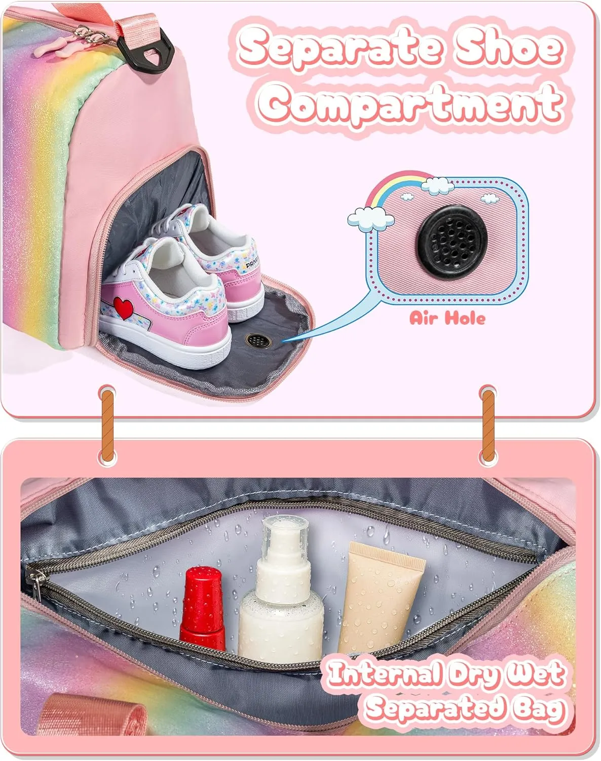 Preppy Gifts-Girl Gym Bag with Shoe Compartment, Kid Personalized Weekender Overnight Bags, Initial Travel Tote with Makeup Pouch, Gift for 3 4 5 6 7 8 9 10 11 12 Year Old Girls (Letter S)
