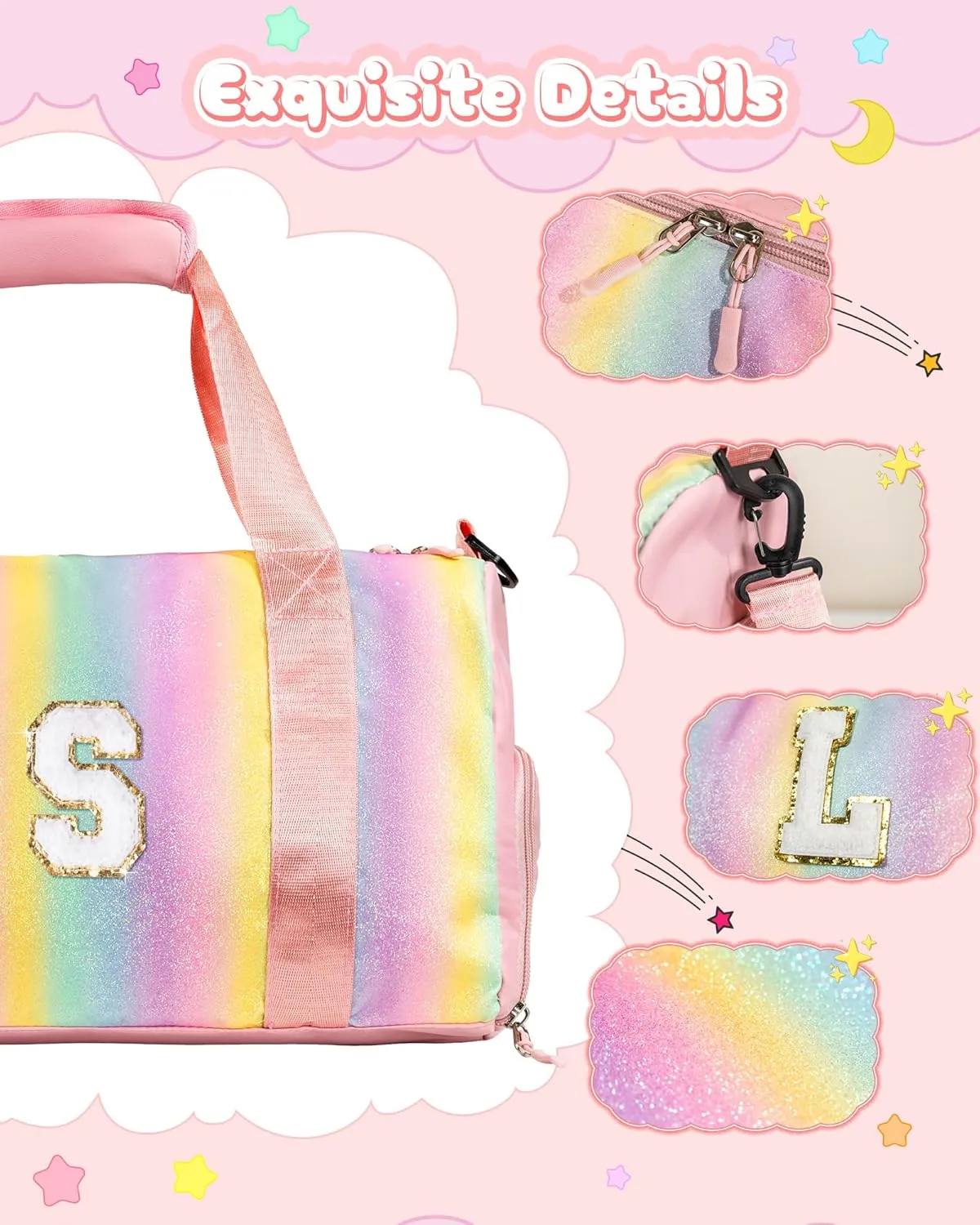 Preppy Gifts-Girl Gym Bag with Shoe Compartment, Kid Personalized Weekender Overnight Bags, Initial Travel Tote with Makeup Pouch, Gift for 3 4 5 6 7 8 9 10 11 12 Year Old Girls (Letter S)