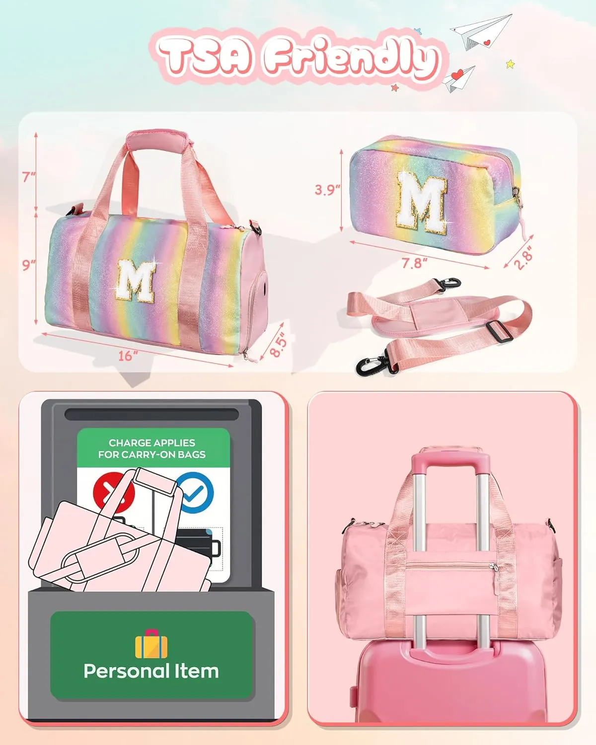 Preppy Gifts-Girl Gym Bag with Shoe Compartment, Kid Personalized Weekender Overnight Bags, Initial Travel Tote with Makeup Pouch, Gift for 3 4 5 6 7 8 9 10 11 12 Year Old Girls (Letter S)