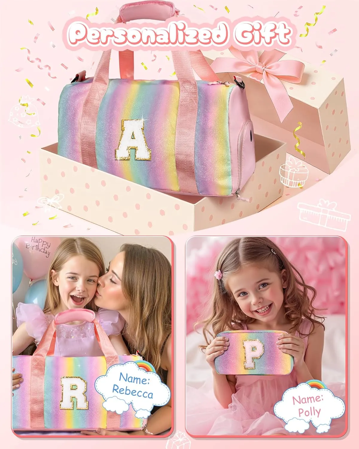 Preppy Gifts-Girl Gym Bag with Shoe Compartment, Kid Personalized Weekender Overnight Bags, Initial Travel Tote with Makeup Pouch, Gift for 3 4 5 6 7 8 9 10 11 12 Year Old Girls (Letter S)