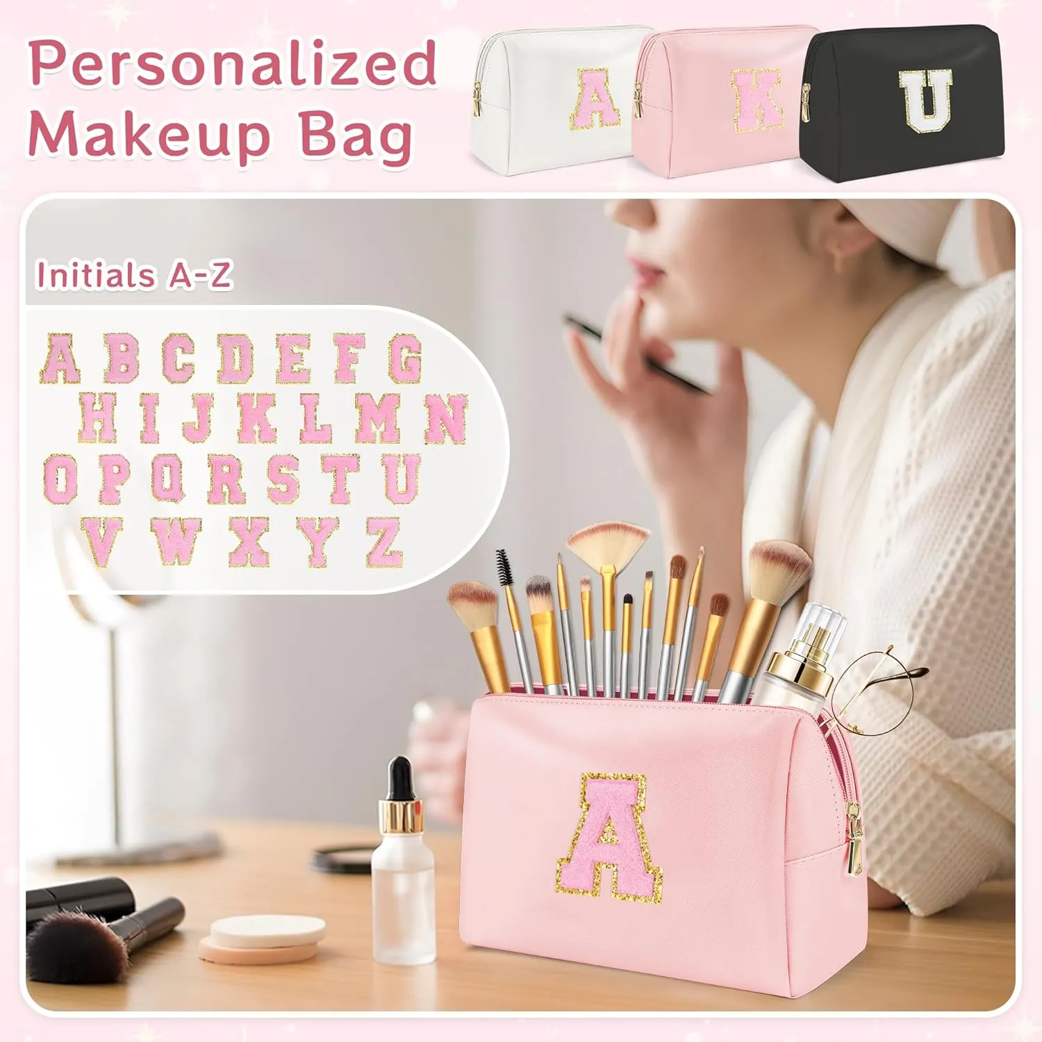 Preppy Makeup Bag, Initials Travel Makeup Bag Personalized Gifts for Teen Girls Women, PU Leather Waterproof Cosmetic Bag Pouch with Zipper, Luxury Make Up Bag for Birthday/Mothers Day, M - Pink