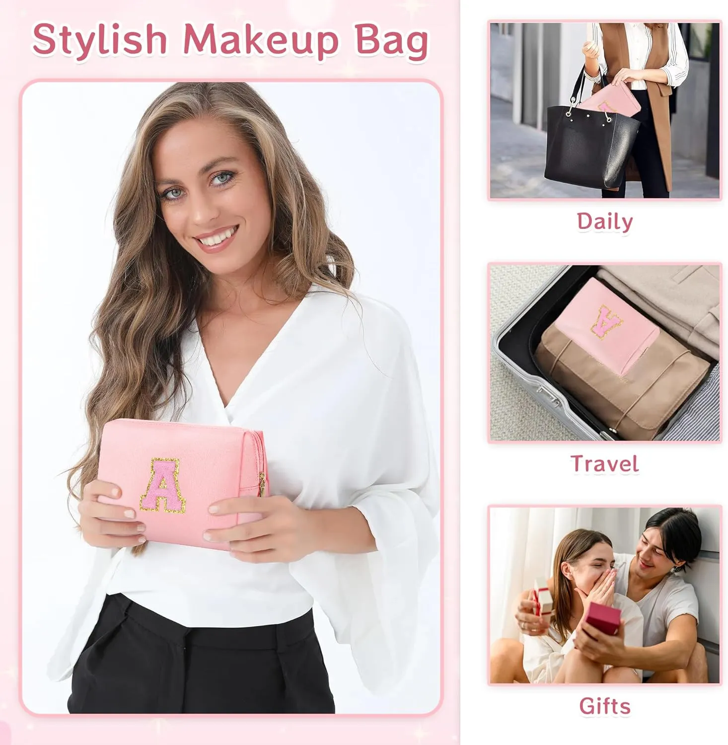 Preppy Makeup Bag, Initials Travel Makeup Bag Personalized Gifts for Teen Girls Women, PU Leather Waterproof Cosmetic Bag Pouch with Zipper, Luxury Make Up Bag for Birthday/Mothers Day, M - Pink