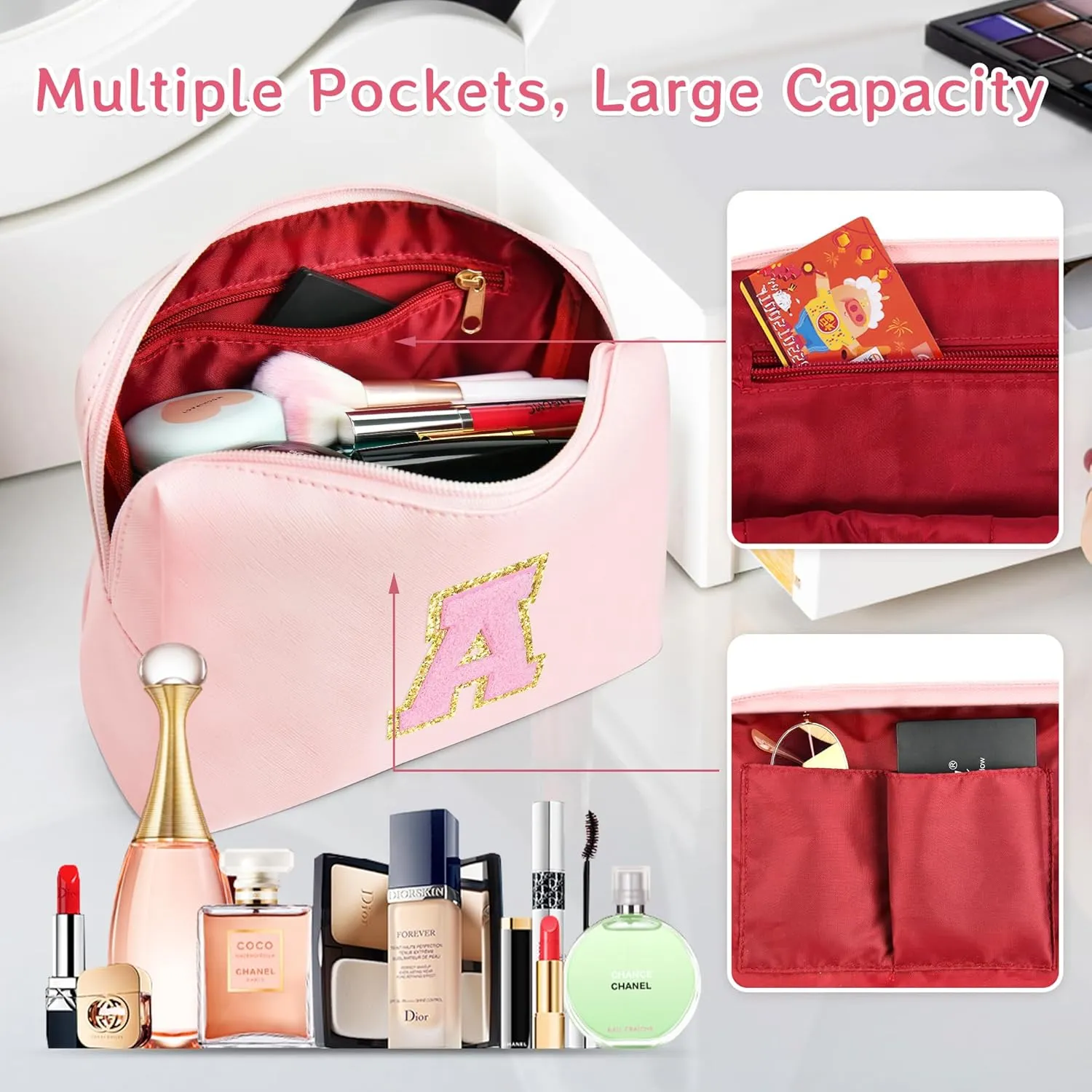 Preppy Makeup Bag, Initials Travel Makeup Bag Personalized Gifts for Teen Girls Women, PU Leather Waterproof Cosmetic Bag Pouch with Zipper, Luxury Make Up Bag for Birthday/Mothers Day, M - Pink