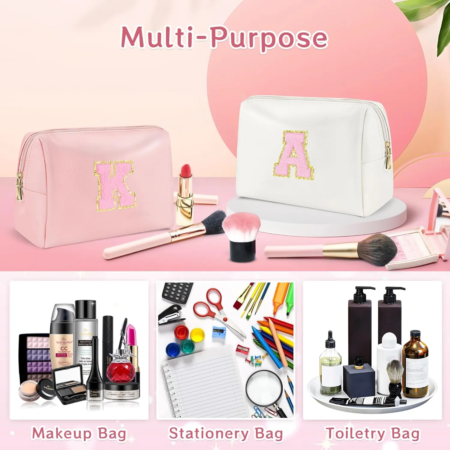 Preppy Makeup Bag, Initials Travel Makeup Bag Personalized Gifts for Teen Girls Women, PU Leather Waterproof Cosmetic Bag Pouch with Zipper, Luxury Make Up Bag for Birthday/Mothers Day, M - Pink