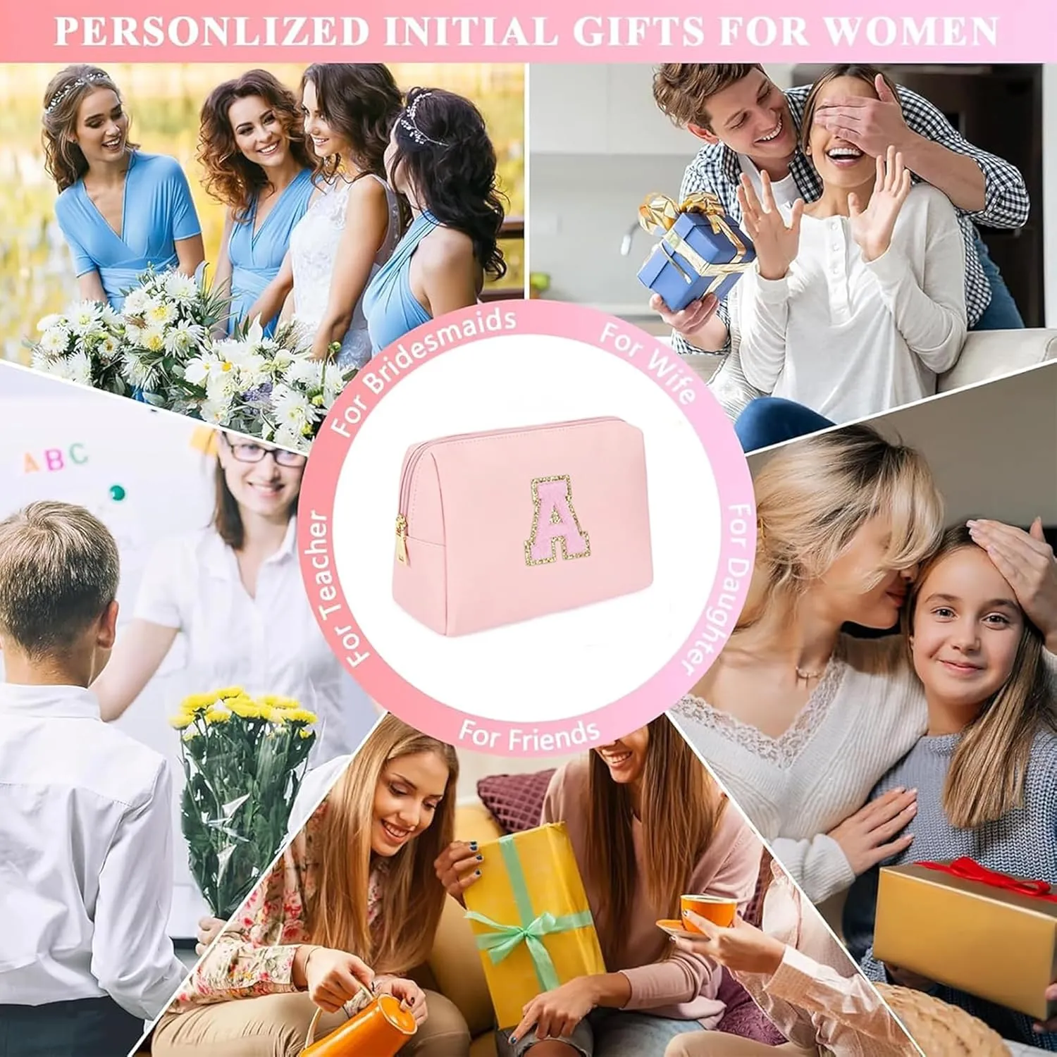 Preppy Makeup Bag, Initials Travel Makeup Bag Personalized Gifts for Teen Girls Women, PU Leather Waterproof Cosmetic Bag Pouch with Zipper, Luxury Make Up Bag for Birthday/Mothers Day, M - Pink