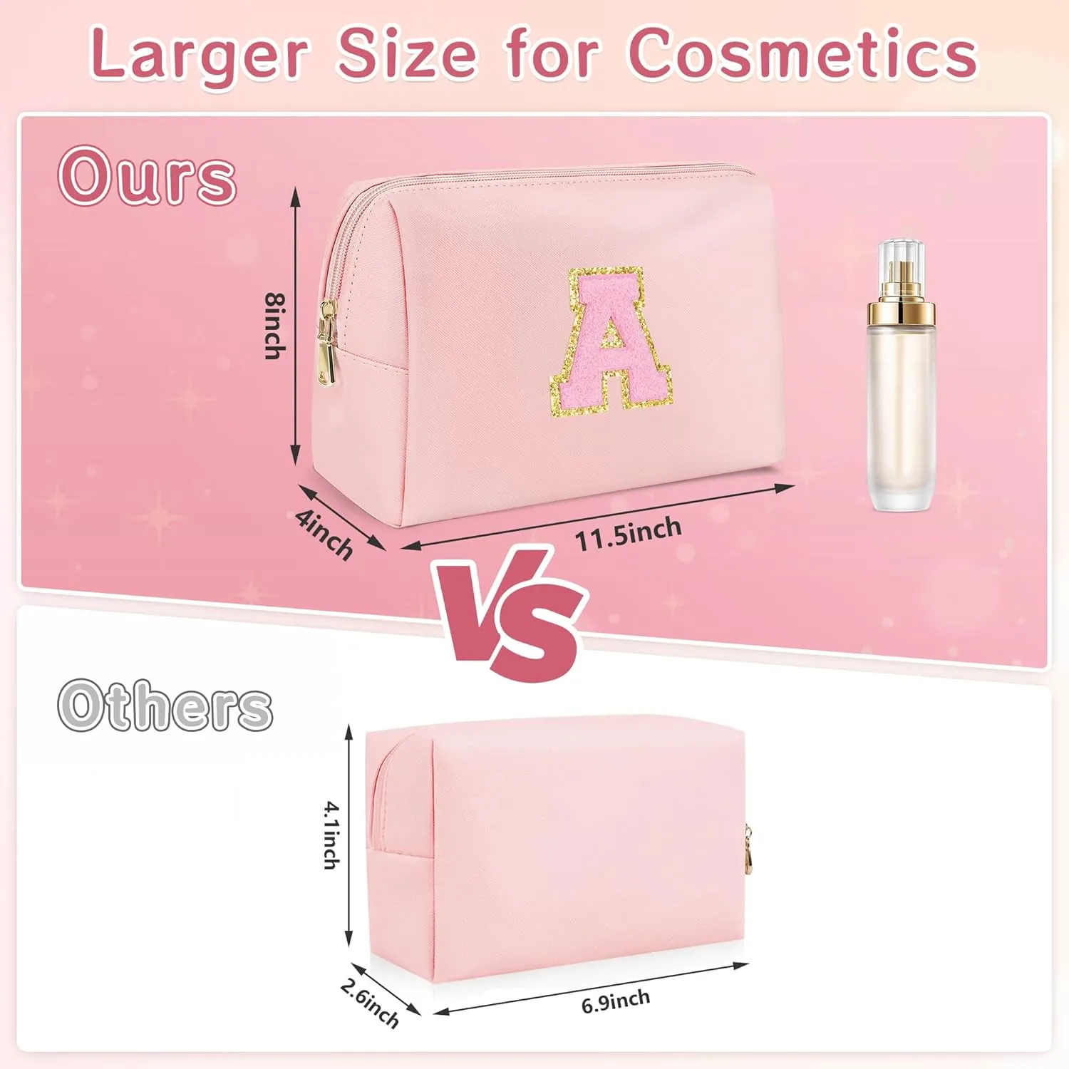 Preppy Makeup Bag, Initials Travel Makeup Bag Personalized Gifts for Teen Girls Women, PU Leather Waterproof Cosmetic Bag Pouch with Zipper, Luxury Make Up Bag for Birthday/Mothers Day, M - Pink