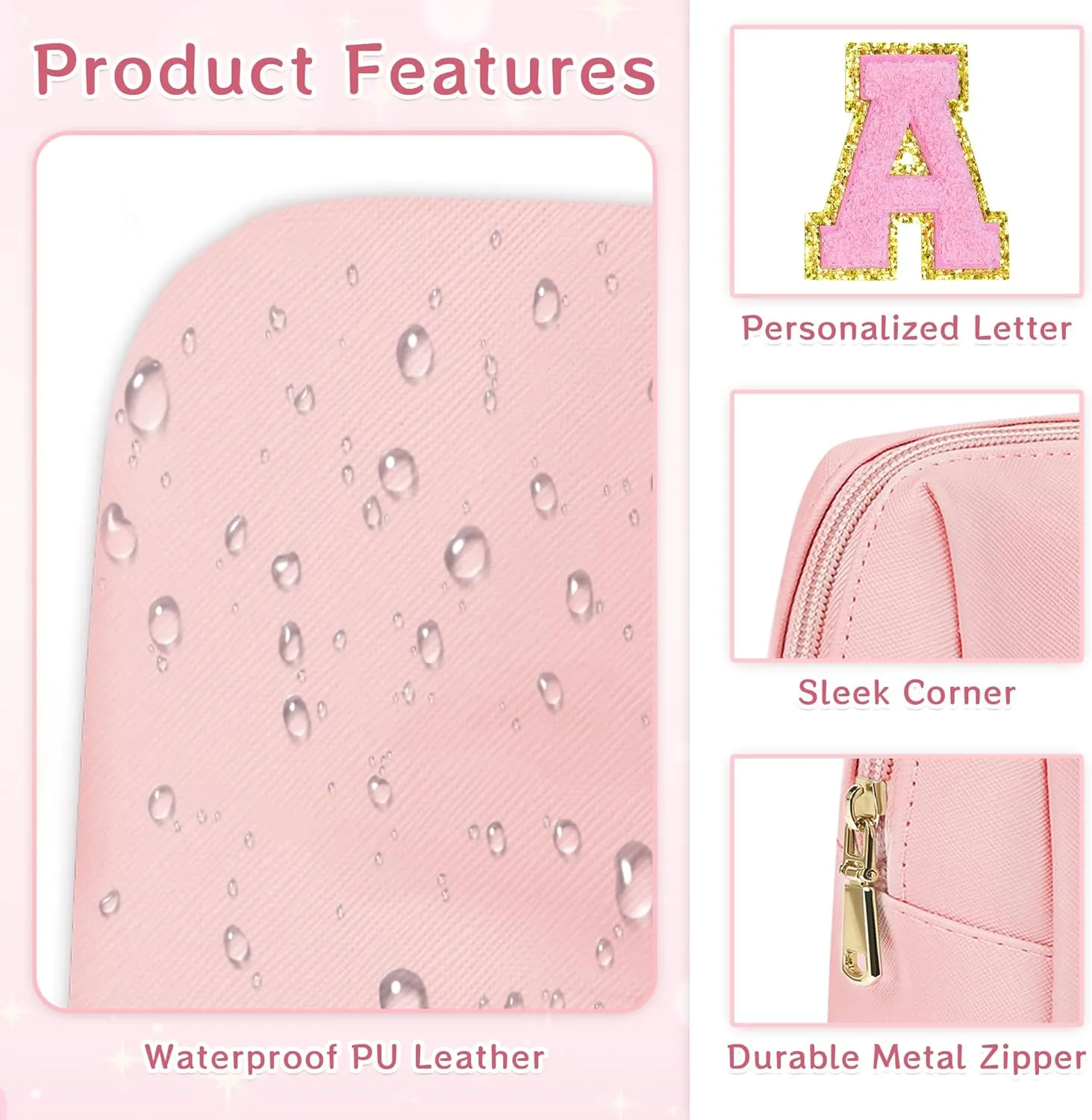Preppy Makeup Bag, Initials Travel Makeup Bag Personalized Gifts for Teen Girls Women, PU Leather Waterproof Cosmetic Bag Pouch with Zipper, Luxury Make Up Bag for Birthday/Mothers Day, M - Pink