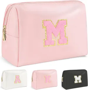 Preppy Makeup Bag, Initials Travel Makeup Bag Personalized Gifts for Teen Girls Women, PU Leather Waterproof Cosmetic Bag Pouch with Zipper, Luxury Make Up Bag for Birthday/Mothers Day, M - Pink