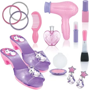 Pretend Play Makeup Kit Fake Make Up Set For Little Girls And Shoes - Toddler Little Girls Role Play with Earrings, Bracelets, Perfume, Hair Blower, Mascara, Blush, Comb, Lipstick, Brush -Age 3 