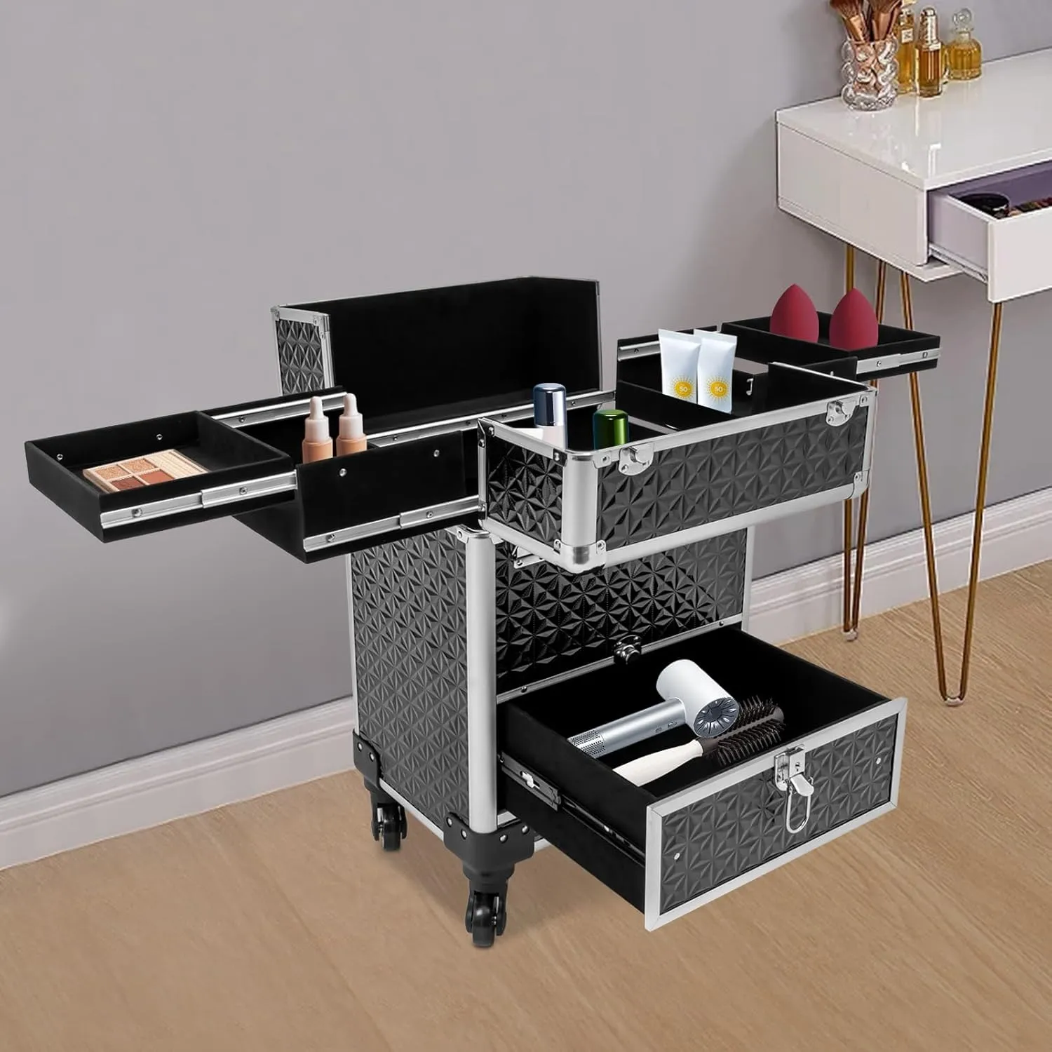 Professional Rolling Makeup Train Case Cosmetic Trolley Makeup Storage Organizer Large Capacity Trolley Case Makeup Lockable Salon Barber Travel Case with Wheels (Black Silver)