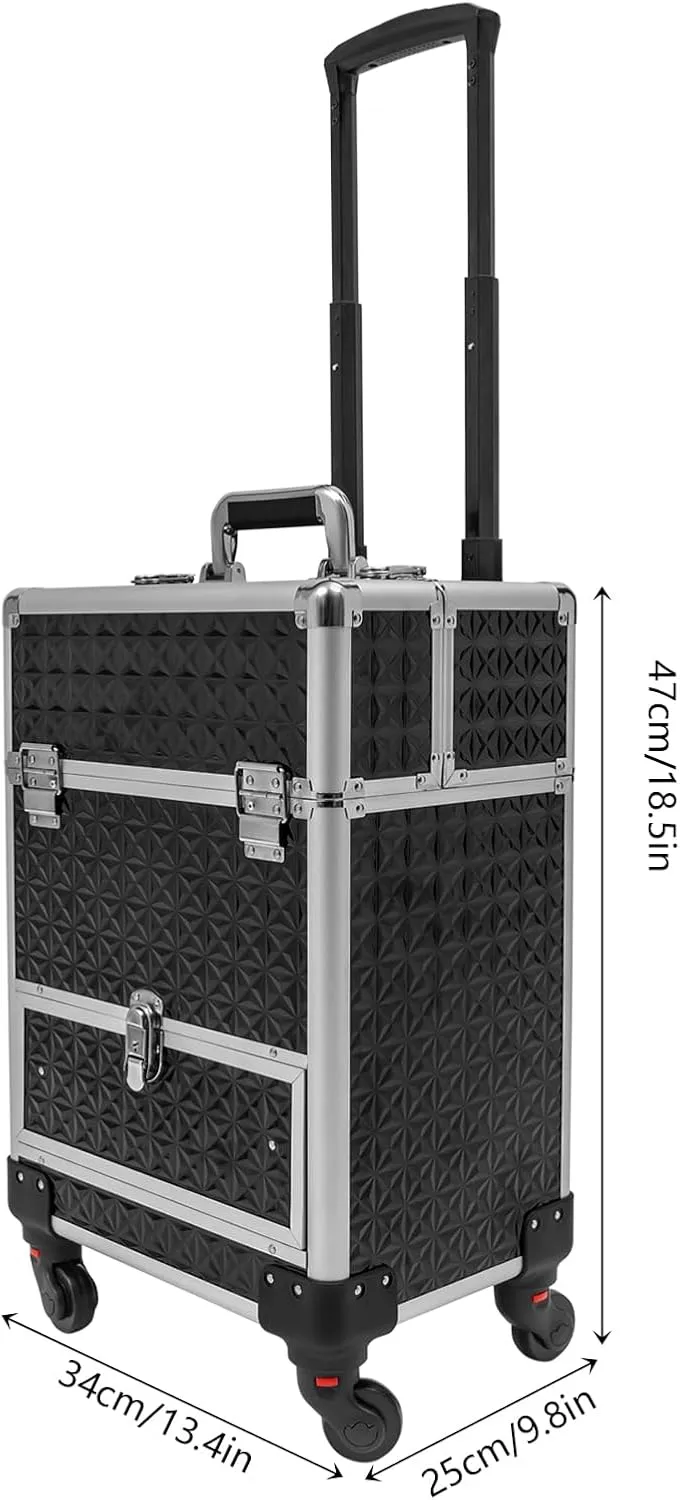 Professional Rolling Makeup Train Case Cosmetic Trolley Makeup Storage Organizer Large Capacity Trolley Case Makeup Lockable Salon Barber Travel Case with Wheels (Black Silver)