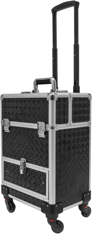 Professional Rolling Makeup Train Case Cosmetic Trolley Makeup Storage Organizer Large Capacity Trolley Case Makeup Lockable Salon Barber Travel Case with Wheels (Black Silver)