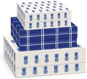 Punch Studio Cobalt Coast Ditsy Pineapples Trinket Box Set of Three (52875N)
