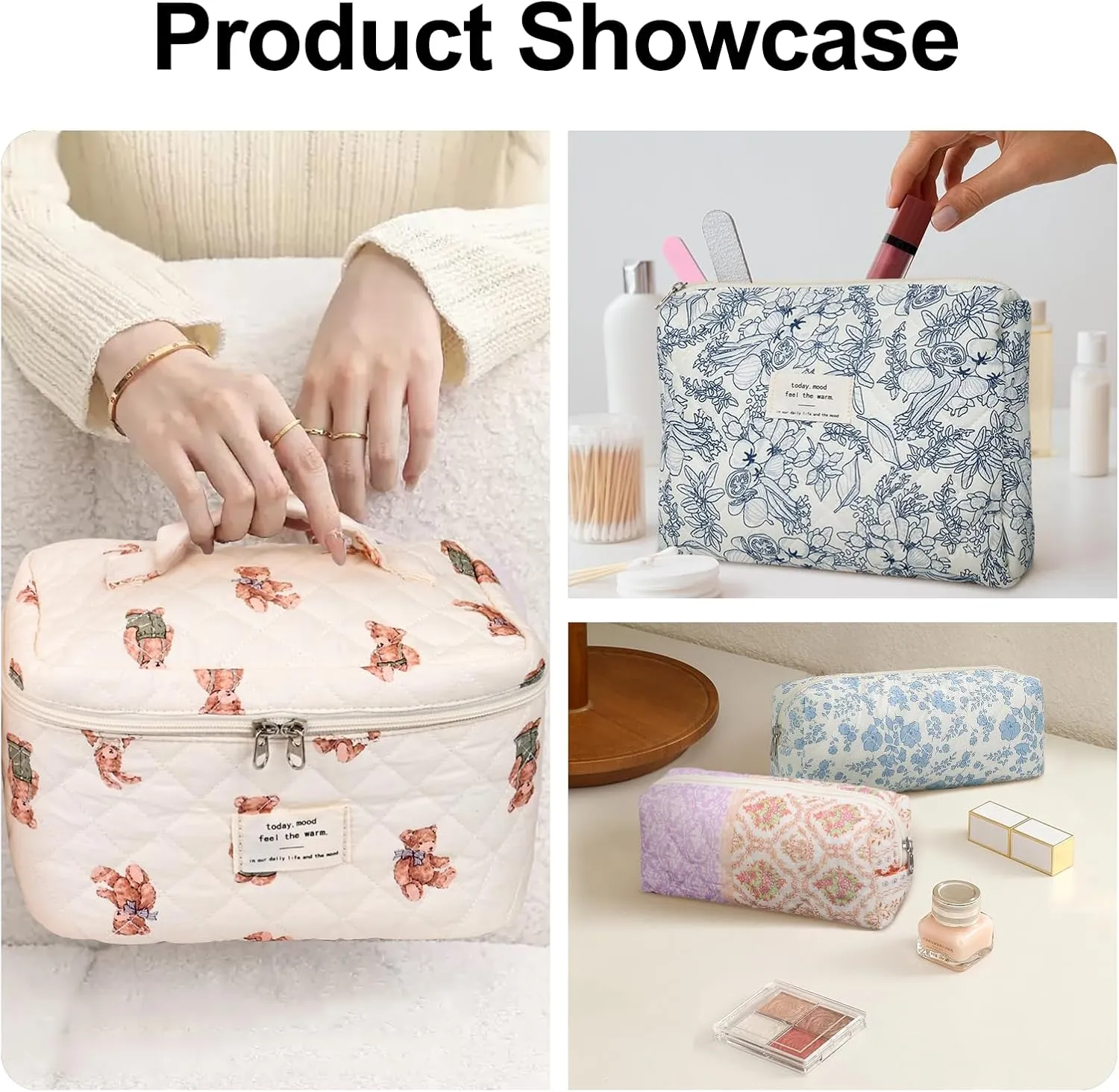 Quilted Makeup Bag Set, 3PCS Cosmetic Organizers for Women, Travel Toiletry Bags with Zipper Closure, Coquette Floral Make up Pouch