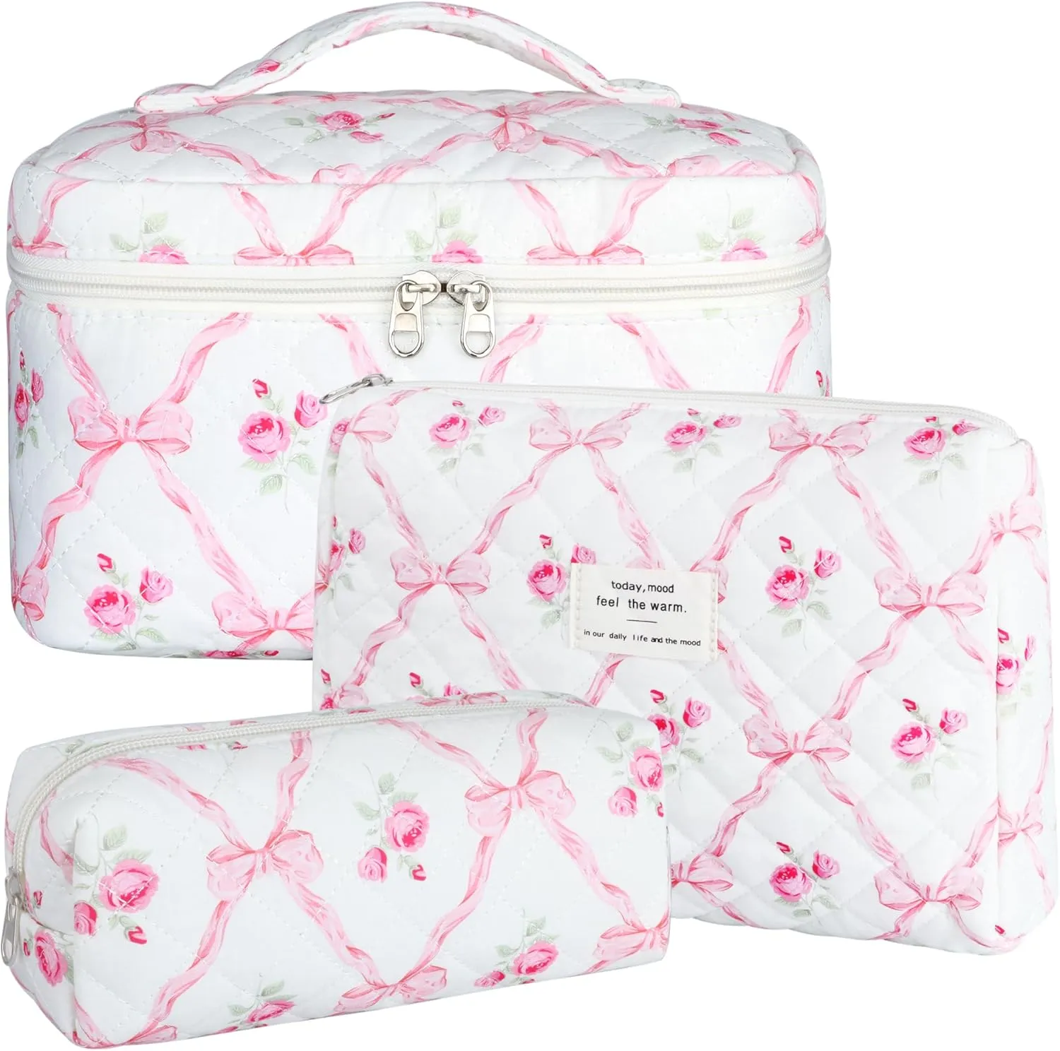 Quilted Makeup Bag Set, 3Pcs Large Checkered Corduroy Cosmetic Bags, Cute Coquette Makeup Bag Toiletry Zipper Pouch Bag for Women and Girls Checkered