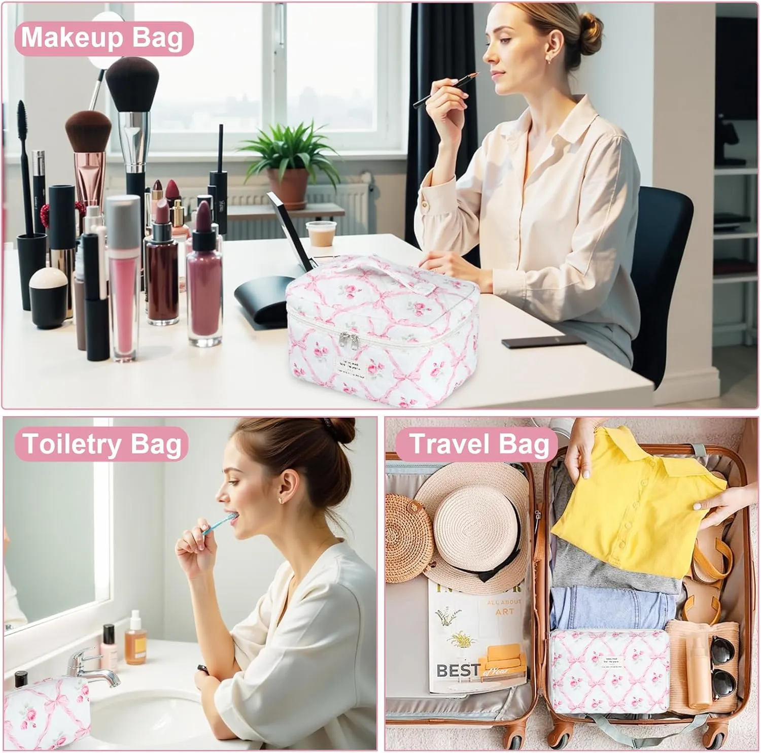 Quilted Makeup Bag Set, 3Pcs Large Checkered Corduroy Cosmetic Bags, Cute Coquette Makeup Bag Toiletry Zipper Pouch Bag for Women and Girls Checkered