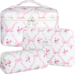 Quilted Makeup Bag Set, 3Pcs Large Checkered Corduroy Cosmetic Bags, Cute Coquette Makeup Bag Toiletry Zipper Pouch Bag for Women and Girls Checkered