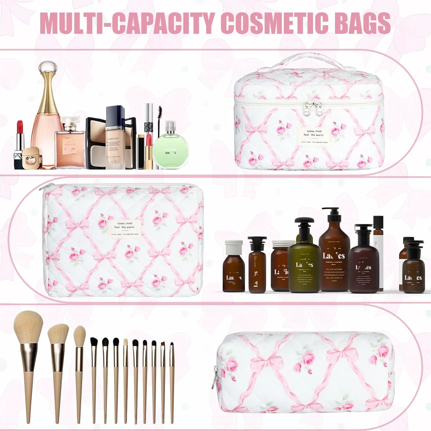 Quilted Makeup Bag Set, 3Pcs Large Checkered Corduroy Cosmetic Bags, Cute Coquette Makeup Bag Toiletry Zipper Pouch Bag for Women and Girls Checkered