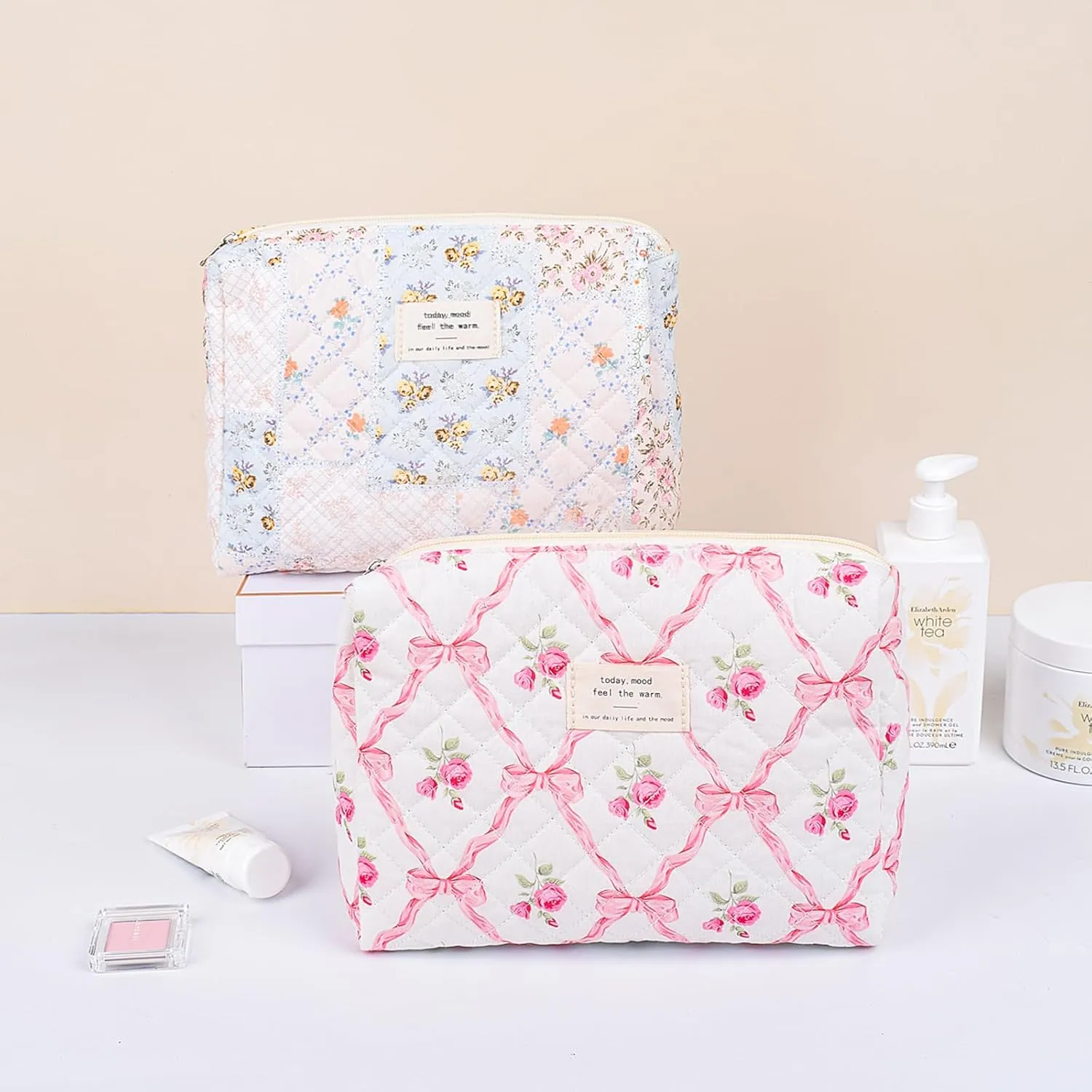 Quilted Makeup Bag,Large Cosmetics Bag Set,Cotton Coquette Floral Make up Pouch,Travel Toiletry Bag for Women