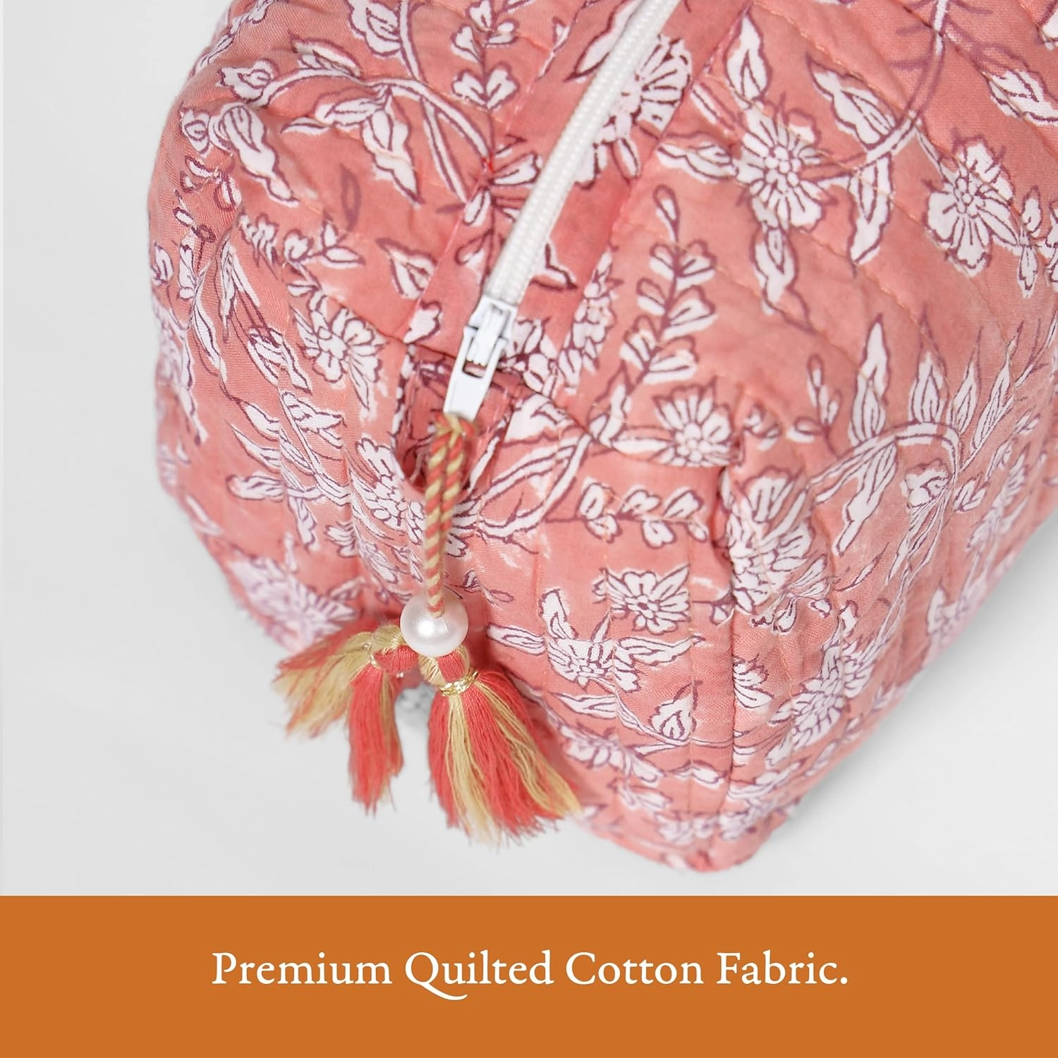 Quilted Floral Makeup Bag Set – Coral Flowers Pattern 3 Sizes, Waterproof Lining, Make Up Travel Cosmetic & Toiletry Bags For Traveling Women