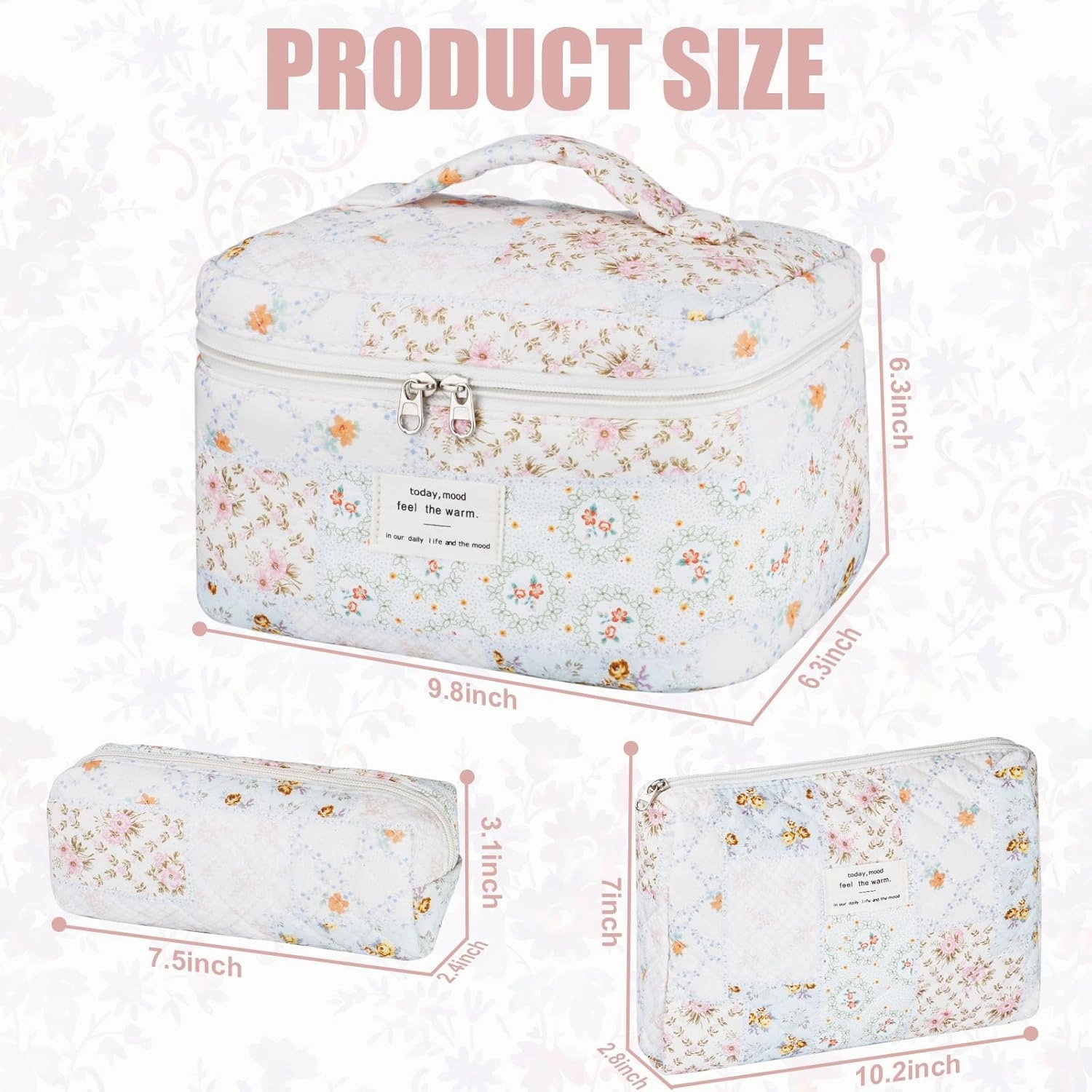 Quilted Makeup Bag Set, 3Pcs Large Checkered Corduroy Cosmetic Bags, Cute Coquette Makeup Bag Toiletry Zipper Pouch Bag for Women and Girls Checkered